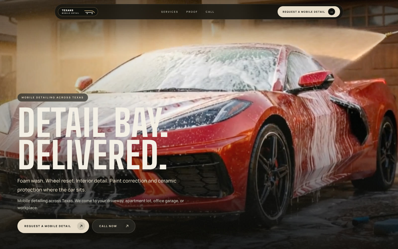 Texans Mobile Detail website built by Dalley Digital: cinematic red sports car hero with foam wash